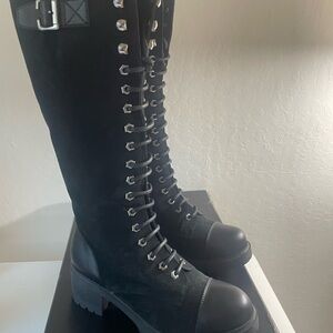 Black lace up suede and leather knee boots - size 9.
